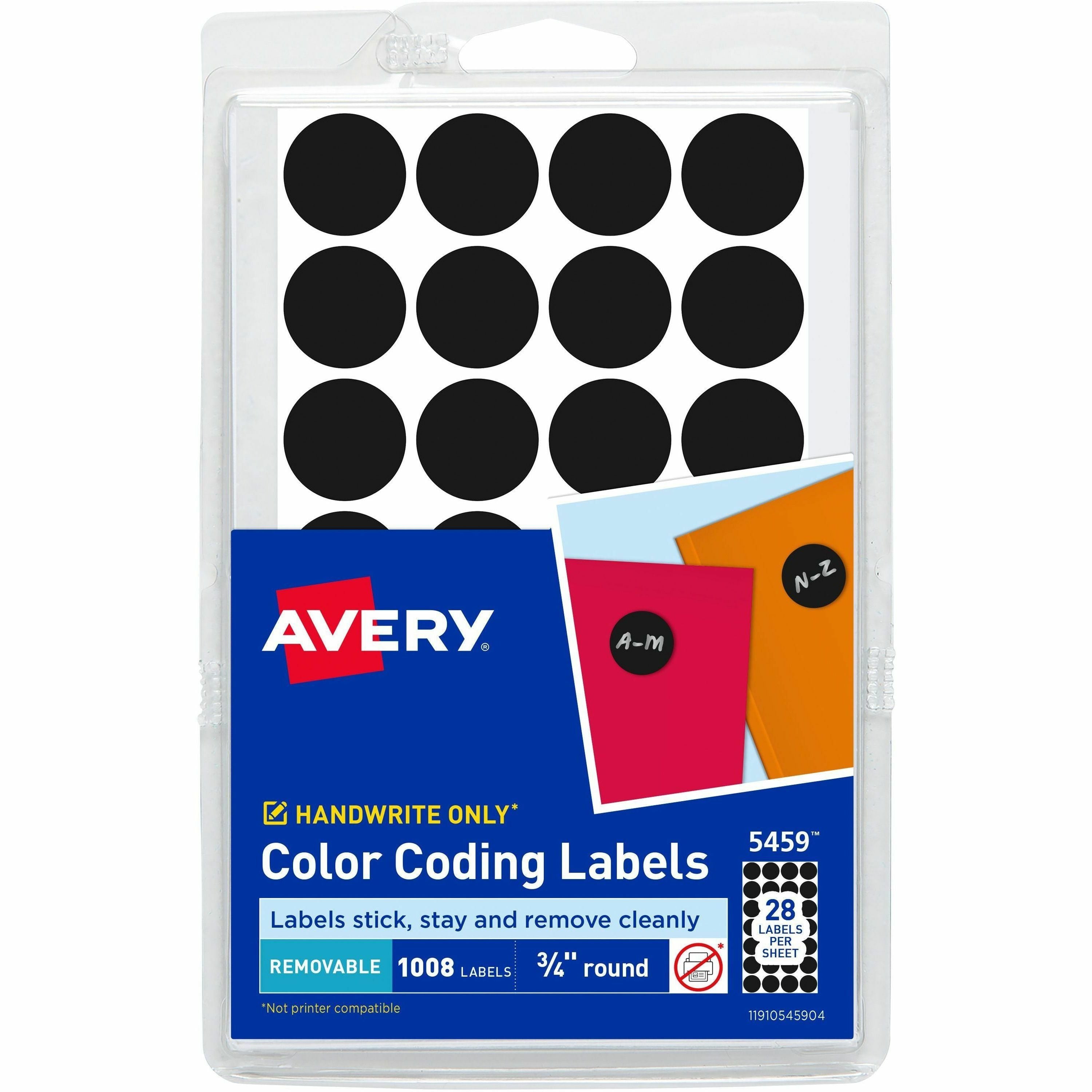 Avery®  Color-Coding Labels - 3/4" Diameter - Removable Adhesive - Round - Laser, Inkjet - Black - Paper - Self-adhesive - 28 / Sheet - 1008 / Pack