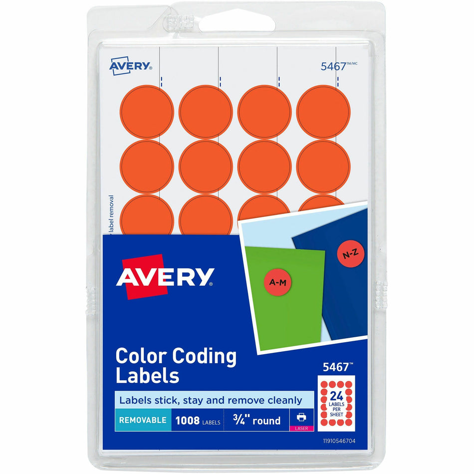 Avery®  Color-Coding Labels - 3/4" Diameter - Removable Adhesive - Round - Laser - Neon Red - 24 / Sheet - 1008 / Pack