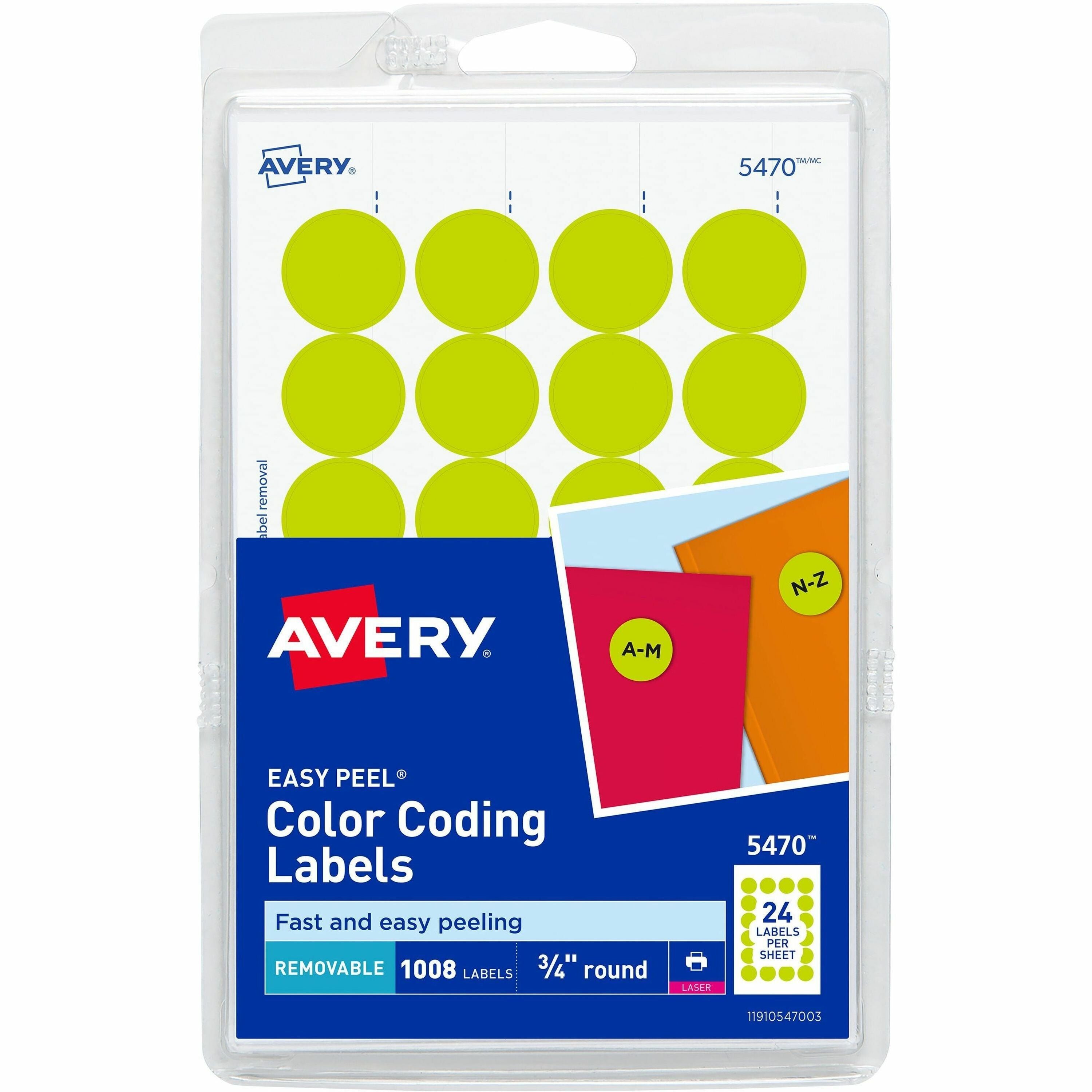 Avery®  Color-Coding Labels - 3/4" Diameter - Removable Adhesive - Round - Laser - Neon Yellow - 24 / Sheet - 1008 / Pack