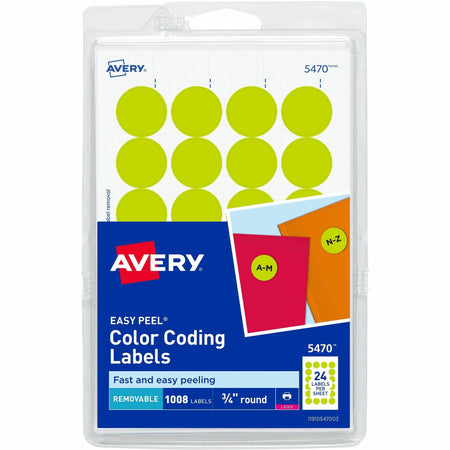 Avery®  Color-Coding Labels - 3/4" Diameter - Removable Adhesive - Round - Laser - Neon Yellow - 24 / Sheet - 1008 / Pack