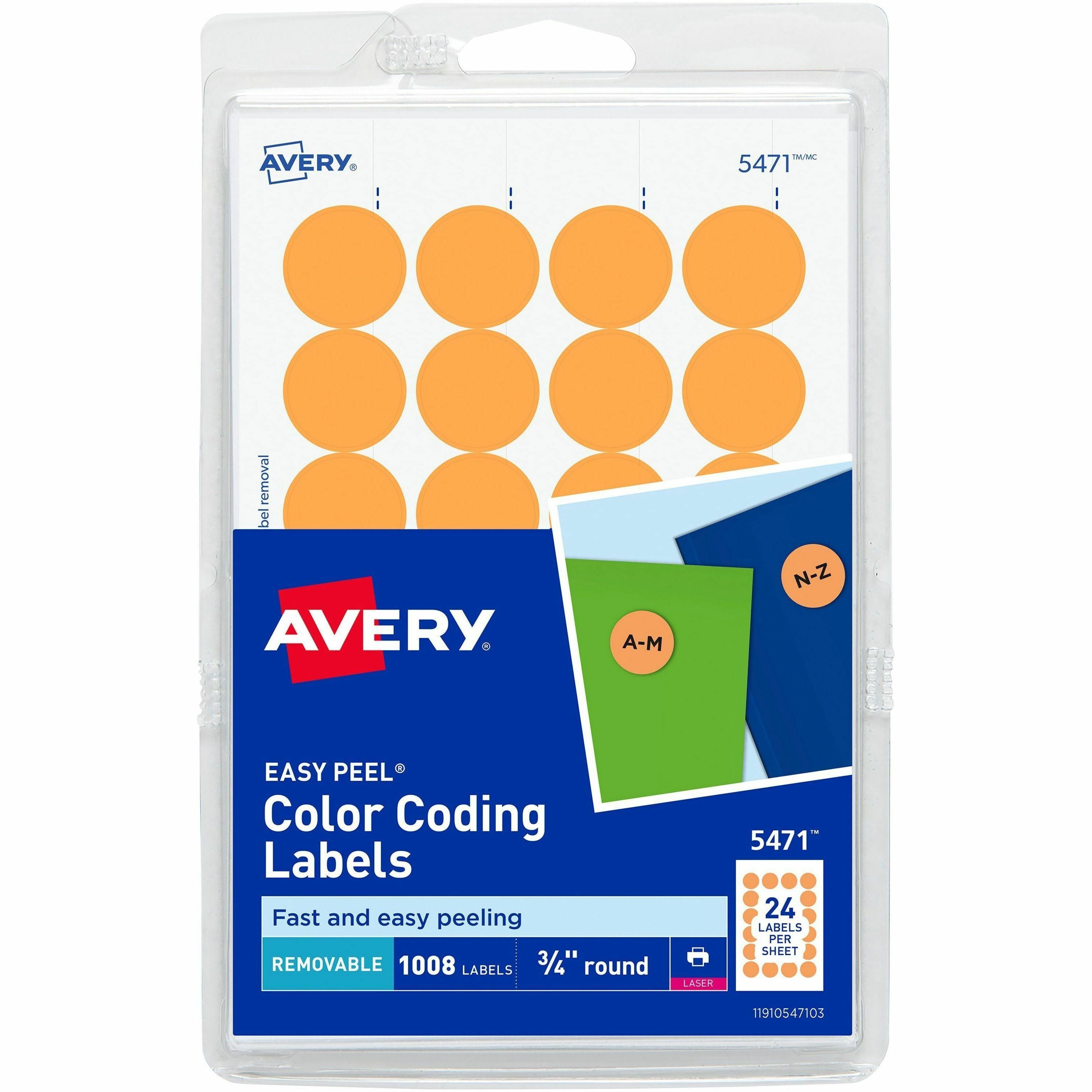 Avery®  Color-Coding Labels - 3/4" Diameter - Removable Adhesive - Round - Laser - Orange - 24 / Sheet - 1008 / Pack