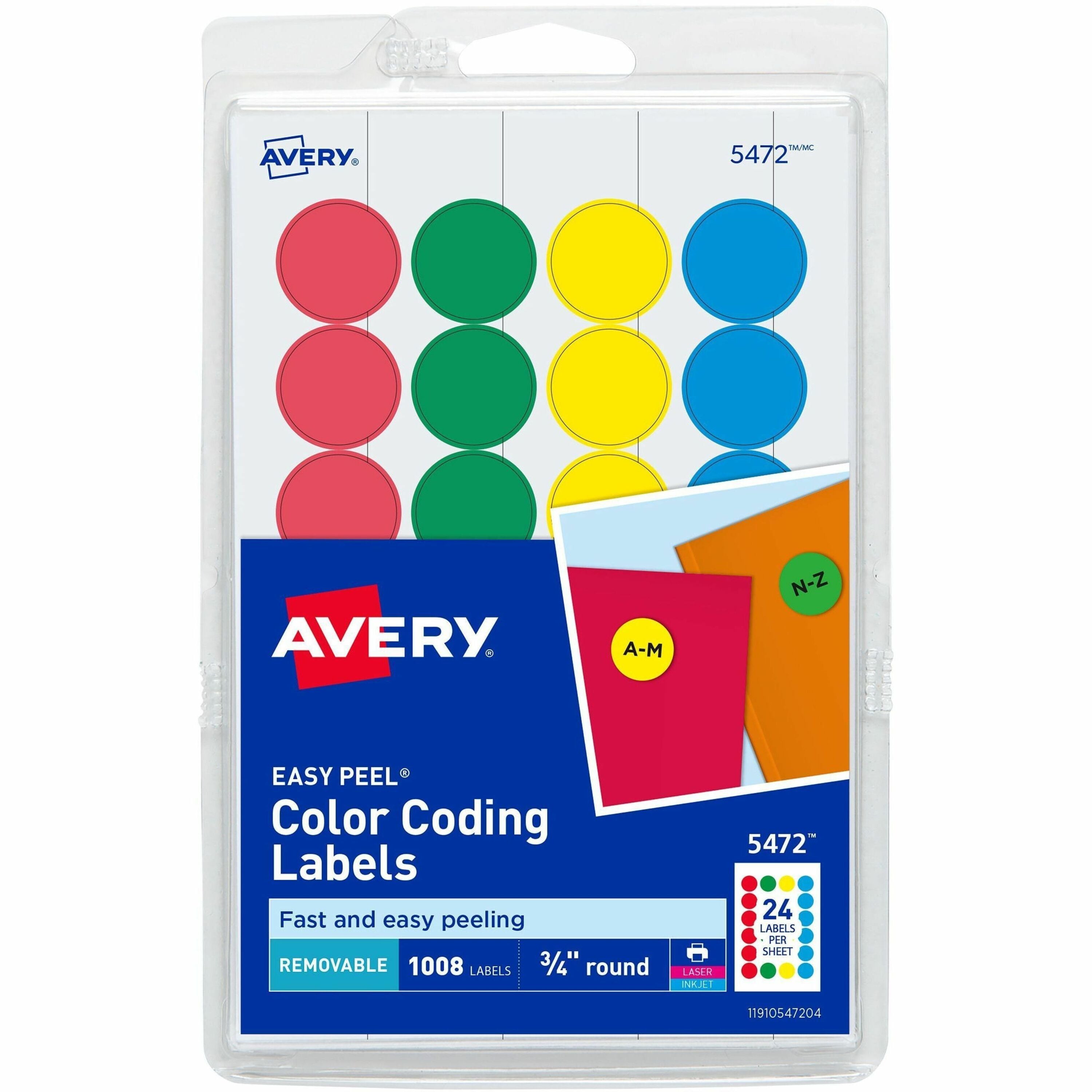 Avery®  Removable Print or Write Color Coding Labels - 3/4" Diameter - Removable Adhesive - Round - Inkjet, Laser - Blue, Green, Red, Yellow - Paper - 24 / Sheet - 42 Total Sheets - 1008 Total Label(s) - 1008 / Pack