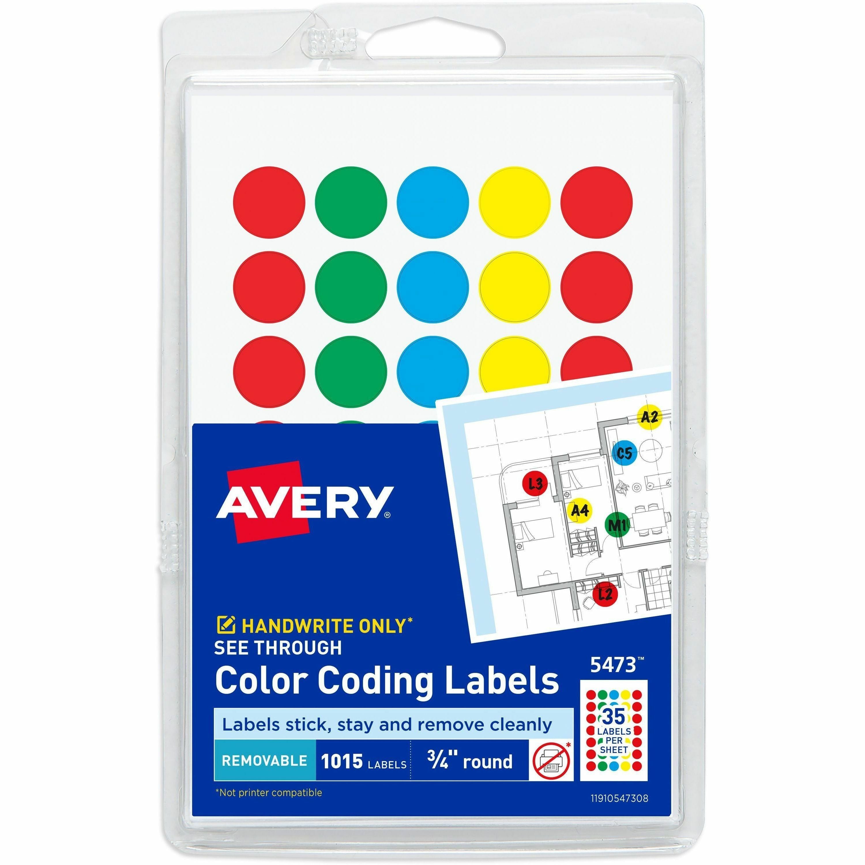 Avery®  Color Coded Label - 3/4" Diameter - Removable Adhesive - Round - Green, Light Blue, Red, Yellow - Film - 35 / Sheet - 29 Total Sheets - 1015 Total Label(s) - 1015 / Pack