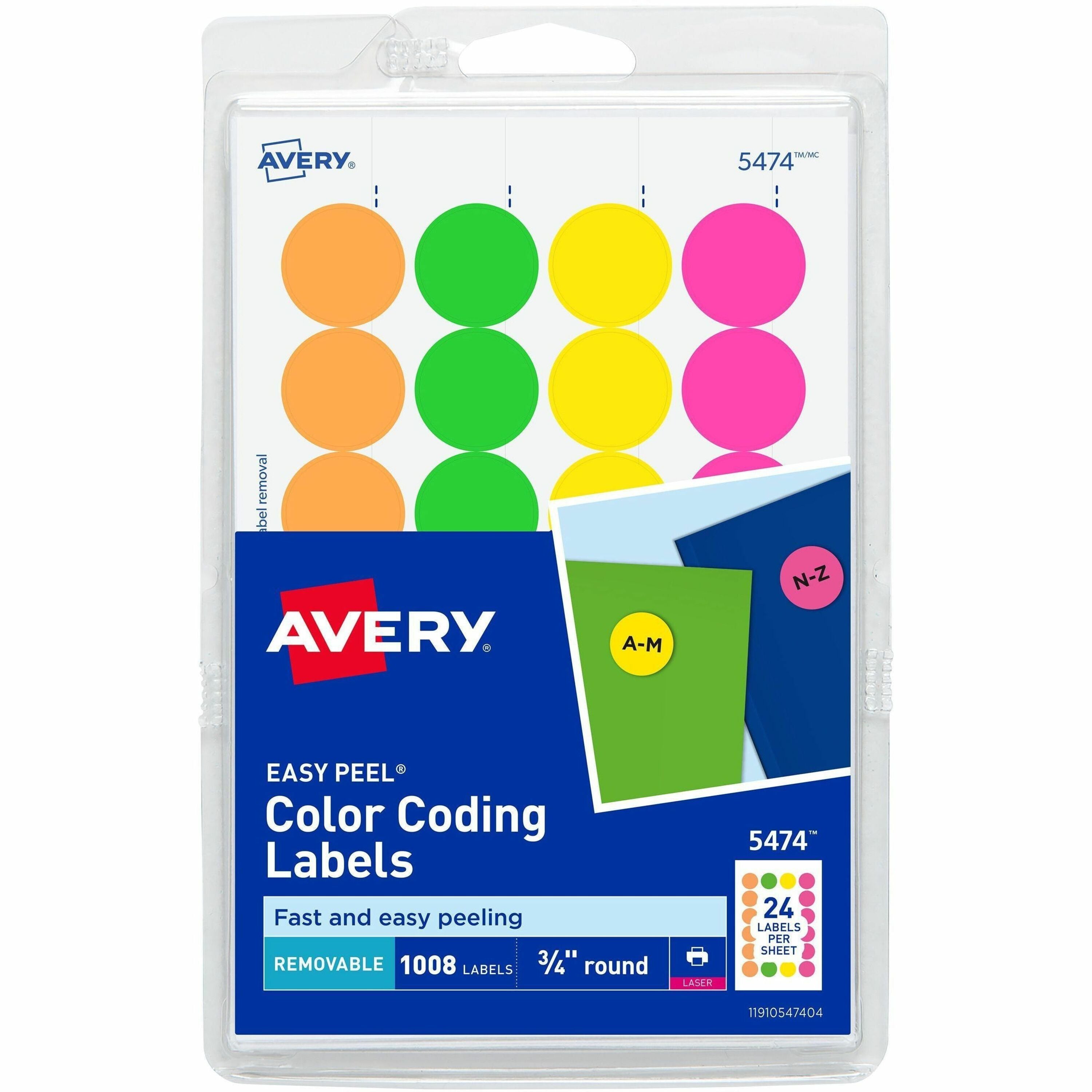 Avery®  Color Coded Label - 3/4" Diameter - Removable Adhesive - Round - Laser - Neon Green, Neon Orange, Neon Pink, Neon Yellow - Paper - 24 / Sheet - 42 Total Sheets - 1008 Total Label(s) - 1008 / Pack