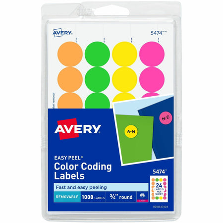 Avery®  Color Coded Label - 3/4" Diameter - Removable Adhesive - Round - Laser - Neon Green, Neon Orange, Neon Pink, Neon Yellow - Paper - 24 / Sheet - 42 Total Sheets - 1008 Total Label(s) - 1008 / Pack