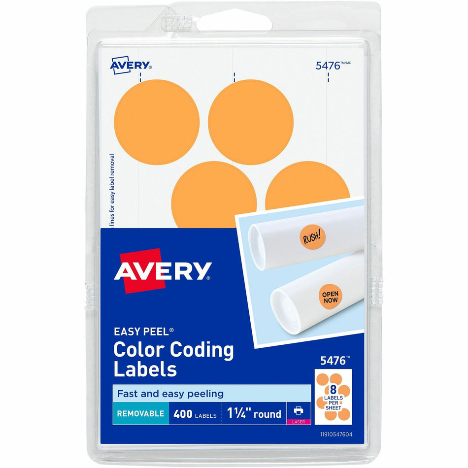 Avery®  1-1/4" Color-Coding Labels - 1 1/4" Diameter - Removable Adhesive - Round - Laser - Orange - 12 / Sheet - 400 / Pack