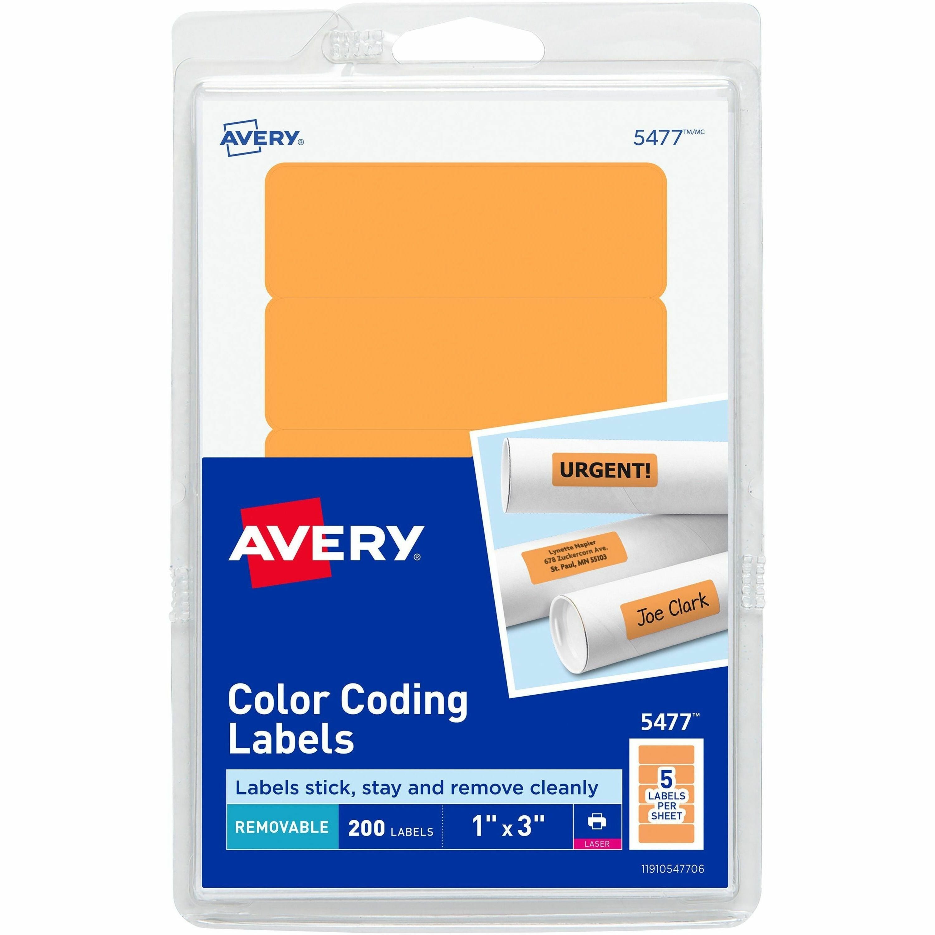 Avery®  Rectangular Color-Coding Labels - 1" Width x 3" Length - Removable Adhesive - Rectangle - Laser - Orange - 200 / Pack