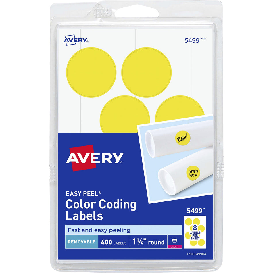 Avery®  1-1/4" Color-Coding Labels - 1 1/4" Diameter - Removable Adhesive - Round - Laser - Neon Yellow - 12 / Sheet - 400 / Pack