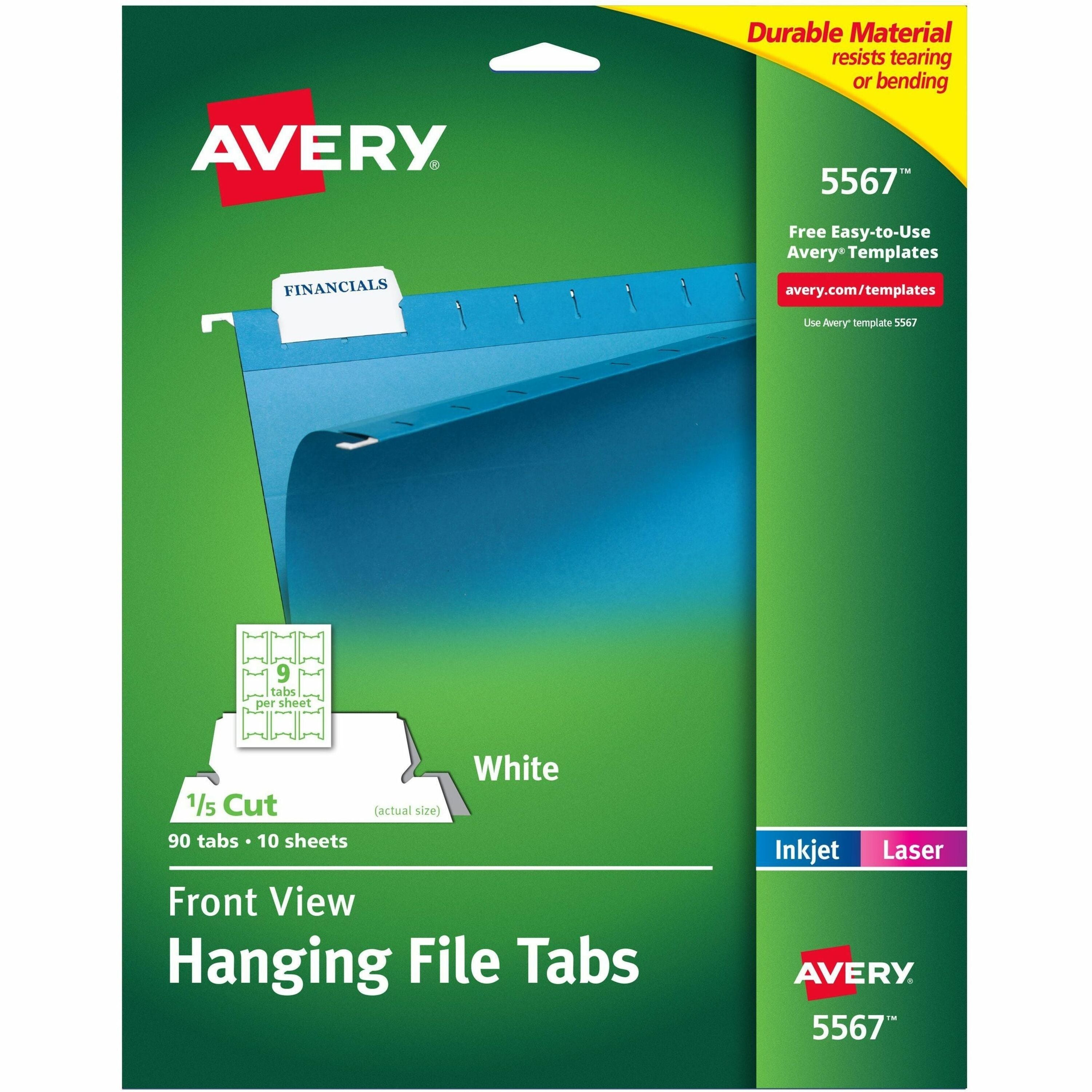 Avery®  Print/Write On Hanging File Tabs - 1/5 - Letter - 8.50" Width x 11" Length - Permanent - Matte White Film Tab(s) - Durable, Tear Resistant, Bend Resistant, Permanent Adhesive, Printable, Customizable, Sturdy - 90 / Pack