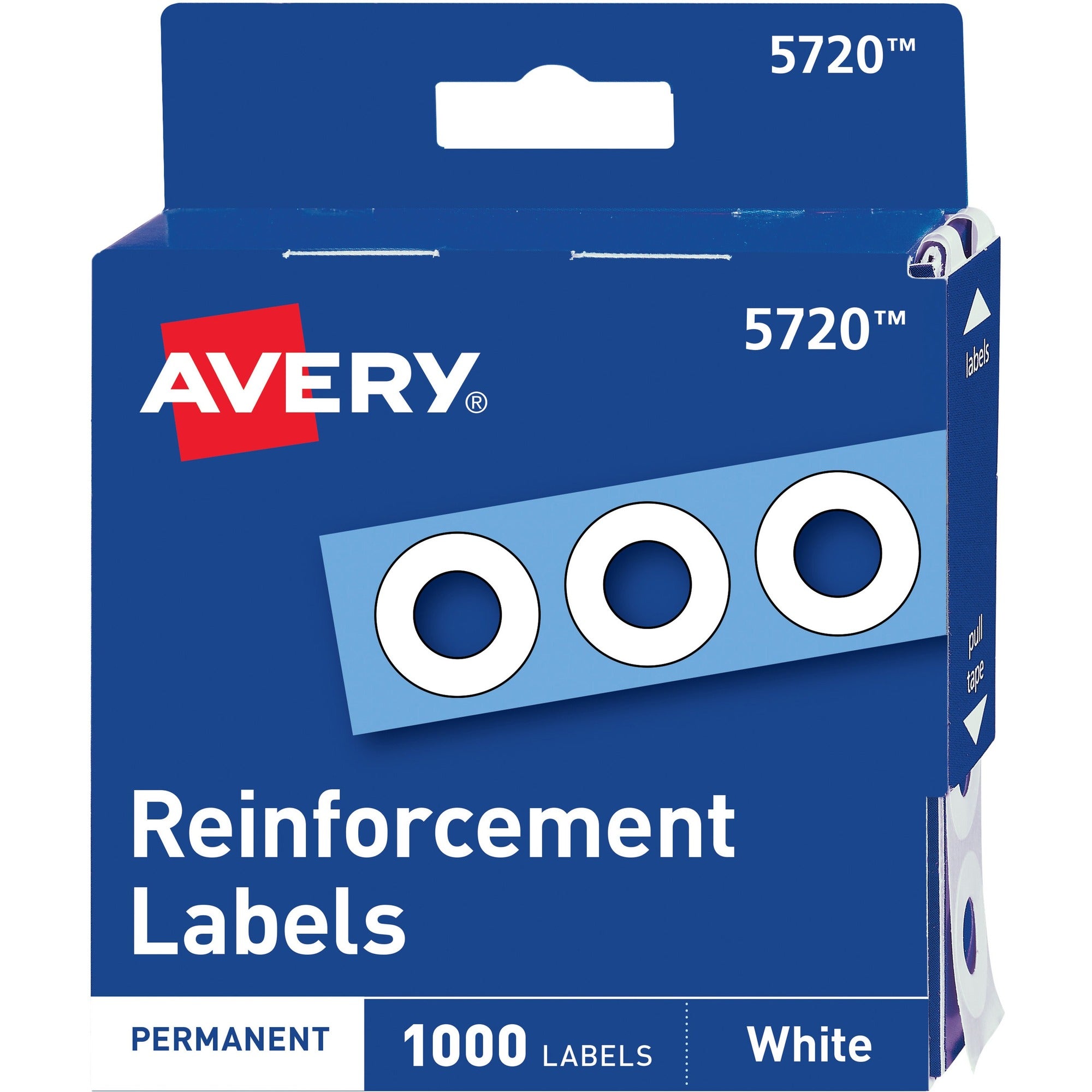 Avery® White Self-Adhesive Reinforcement Labels - 0.3" Diameter - 3 x Holes - Round - White - Polyvinyl - 1000 / Pack