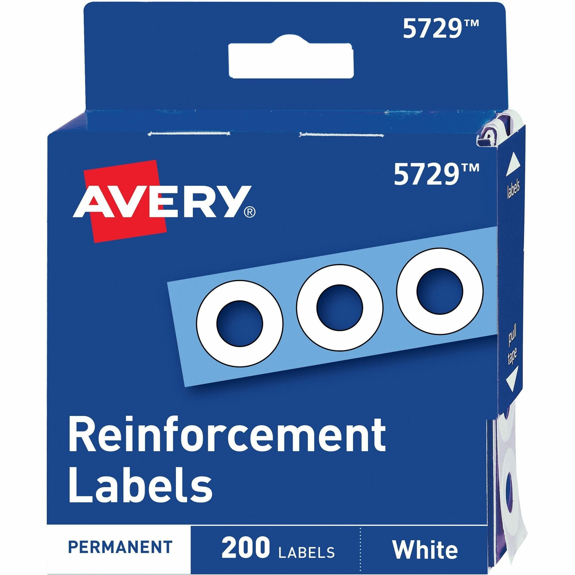 Avery® White Self-Adhesive Reinforcement Labels - 0.3" Diameter - 0.25" Maximum Capacity - Round - White - 200 / Pack