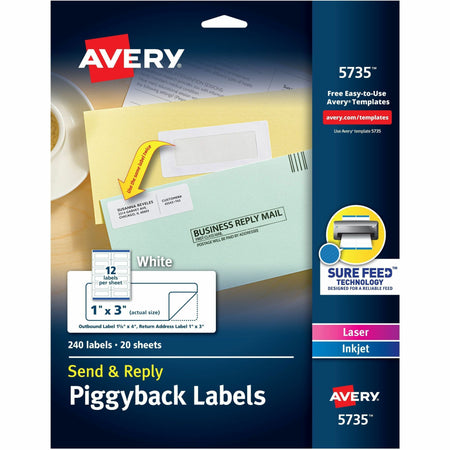Avery®  Send & Reply Piggyback Labels - 1" Width x 3" Length - Permanent Adhesive - Rectangle - Inkjet, Laser - White - Paper - 12 / Sheet - 20 Total Sheets - 240 Total Label(s) - 240 / Pack