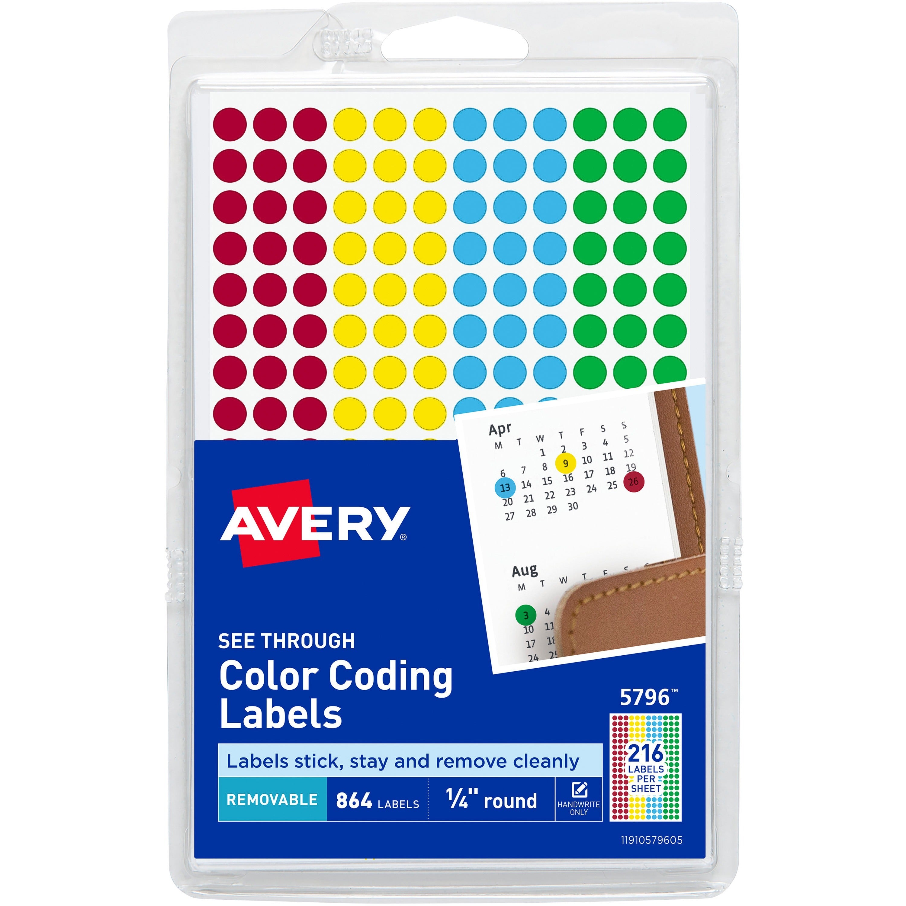 Avery®  Assorted Removable See-Through Color Dots - 1/4" Diameter - Removable Adhesive - Round - Green, Light Blue, Red, Yellow - Film - 216 / Sheet - 4 Total Sheets - 864 Total Label(s) - 864 / Pack
