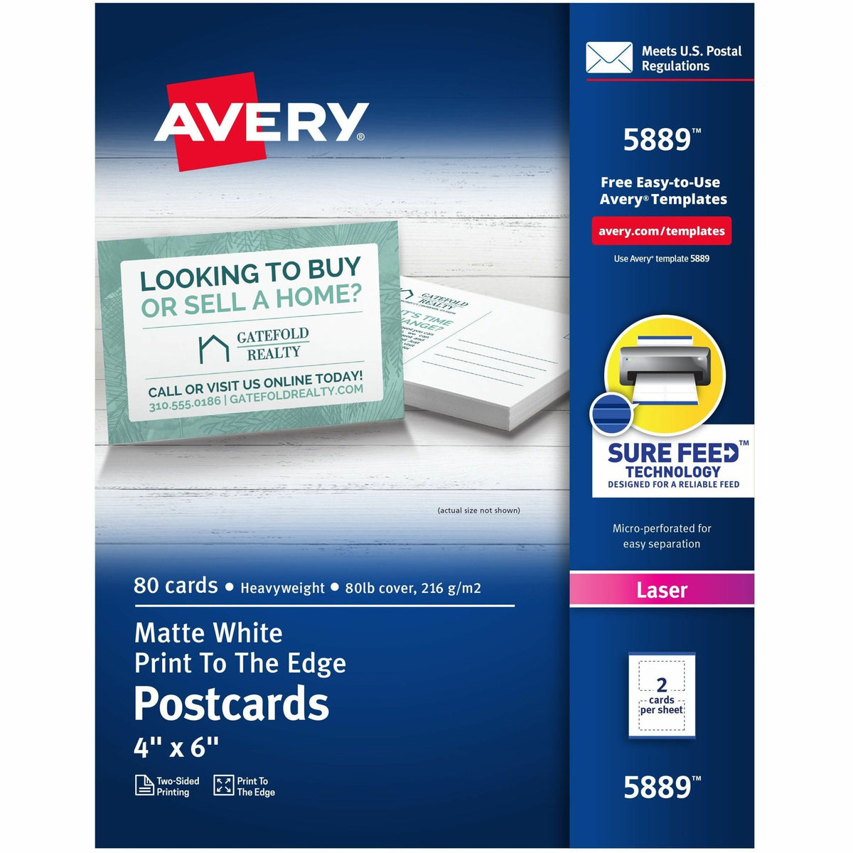 Avery®  Sure Feed Postcards - 97 Brightness - 6" x 4" - 80 lb Basis Weight - 216 g/m&#178; Grammage - Matte - Perforated, Heavyweight, Rounded Corner, Uncoated, Recyclable, Biodegradable, Print-to-the-edge, Sturdy - White - 80 / Box