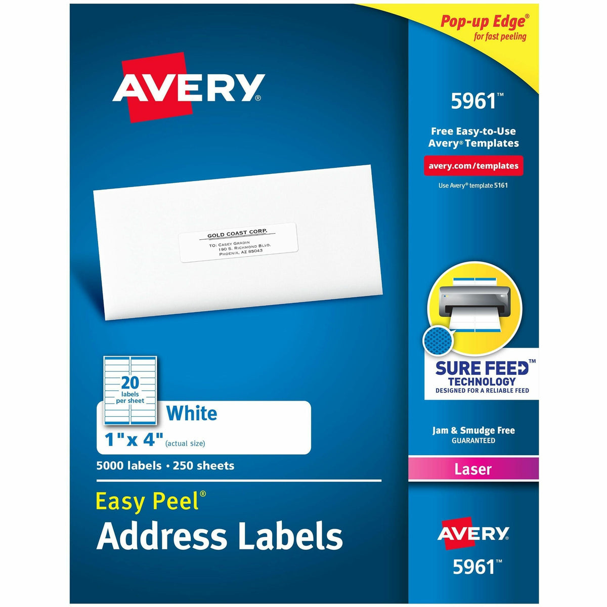 Avery®  Easy Peel Address Labels - 1" Width x 4" Length - Permanent Adhesive - Rectangle - Laser - White - Paper - 20 / Sheet - 250 Total Sheets - 5000 Total Label(s) - 5000 / Box