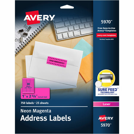 Avery®  Shipping Labels - 1" Width x 2 5/8" Length - Permanent Adhesive - Rectangle - Laser - Neon Magenta - Paper - 30 / Sheet - 25 Total Sheets - 750 Total Label(s) - 750 / Pack