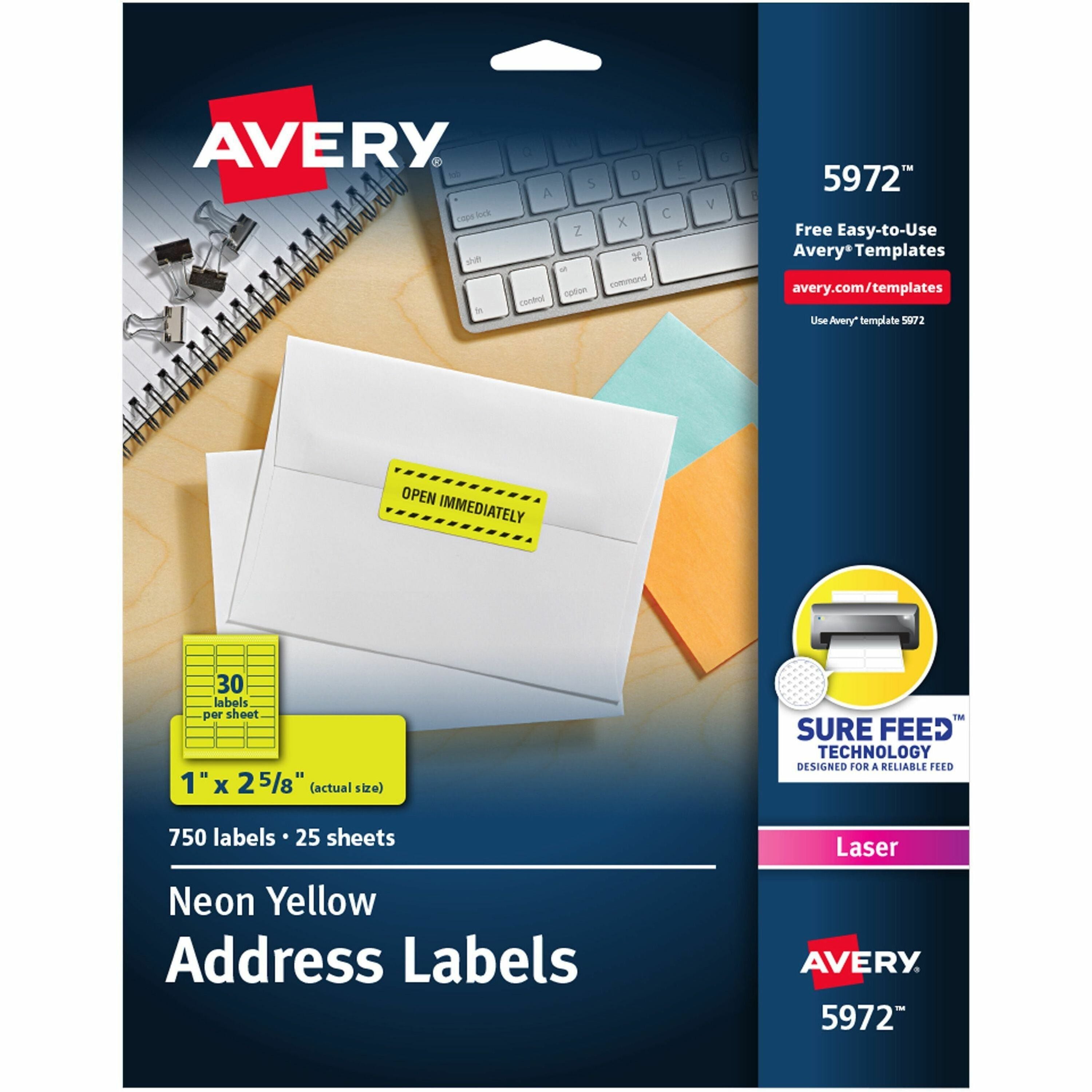 Avery®  Shipping Labels - 1" Width x 2 5/8" Length - Permanent Adhesive - Rectangle - Laser - Neon Yellow - Paper - 30 / Sheet - 25 Total Sheets - 750 Total Label(s) - 750 / Pack