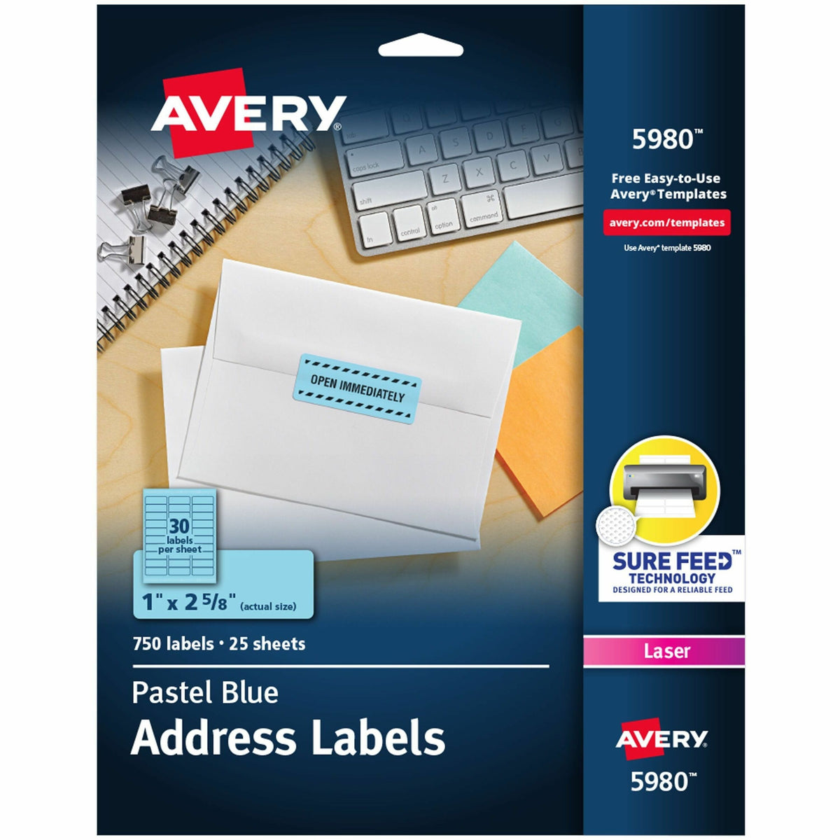 Avery®  Shipping Labels - 1" Width x 2 5/8" Length - Permanent Adhesive - Rectangle - Laser - Matte - Pastel Blue - Paper - Permanent Adhesive, Jam Resistant, Stick & Stay, Smudge-free - 30 / Sheet - 25 Total Sheets - 750 Total Label(s) - 750 / Pack