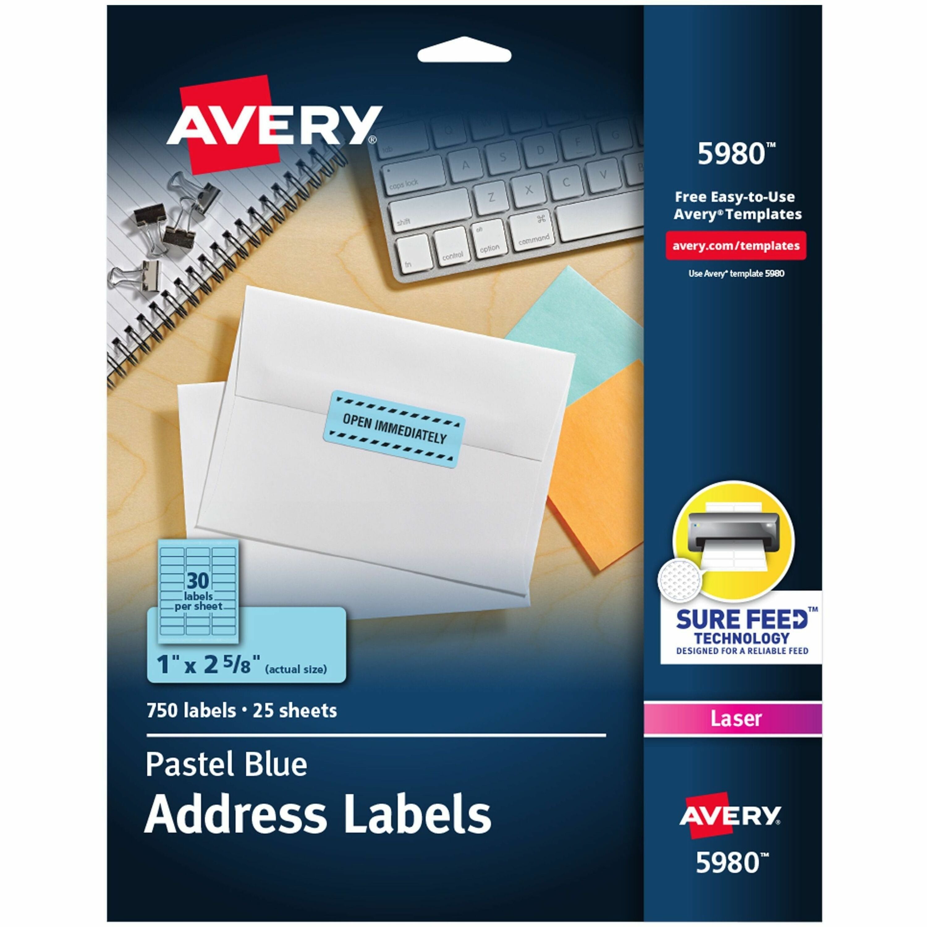 Avery®  Shipping Labels - 1" Width x 2 5/8" Length - Permanent Adhesive - Rectangle - Laser - Matte - Pastel Blue - Paper - Permanent Adhesive, Jam Resistant, Stick & Stay, Smudge-free - 30 / Sheet - 25 Total Sheets - 750 Total Label(s) - 750 / Pack