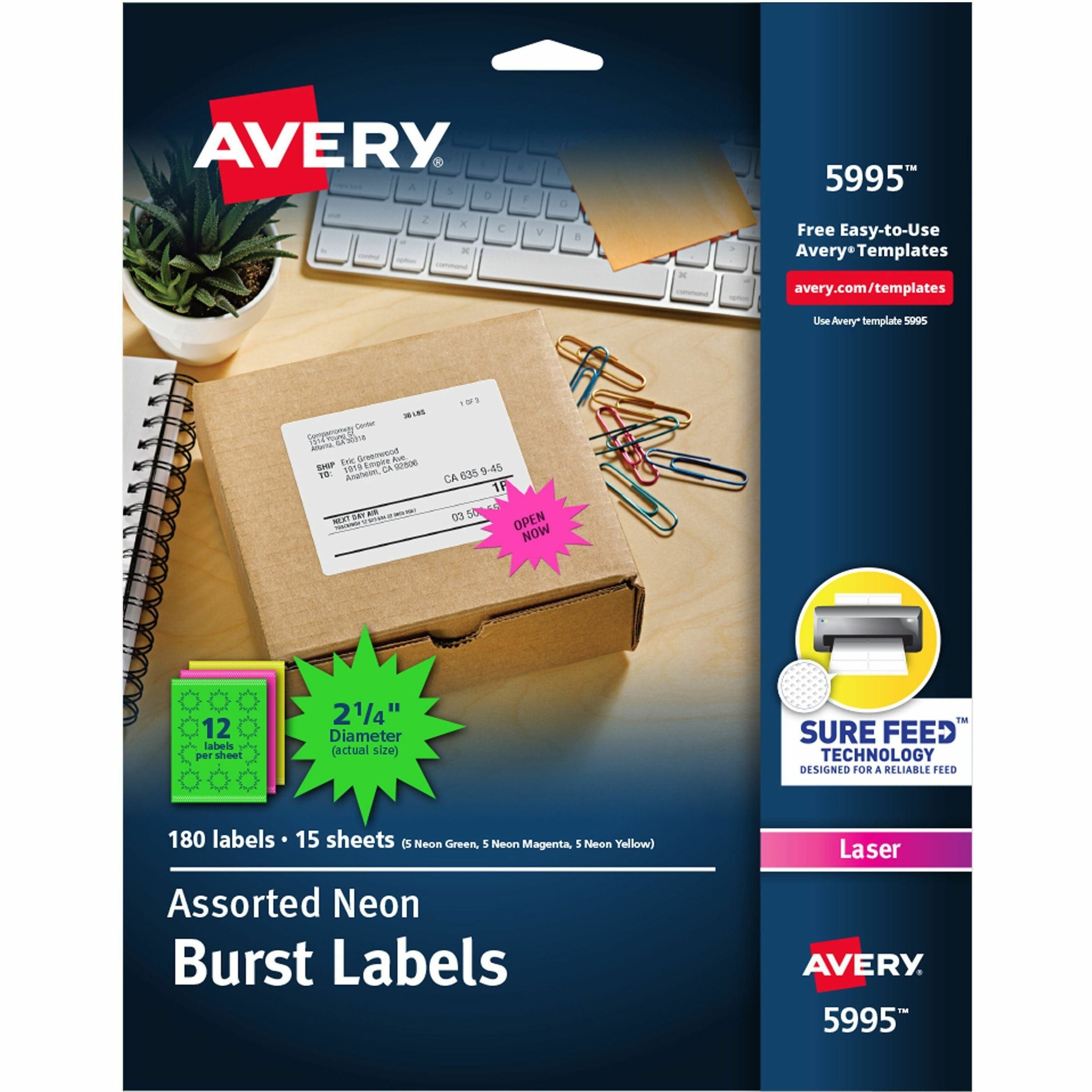 Avery®  Neon Burst Labels - 2 1/4" Diameter - Permanent Adhesive - Burst - Laser - Neon Magenta, Neon Green, Neon Yellow - Paper - 12 / Sheet - 15 Total Sheets - 180 Total Label(s) - 180 / Pack