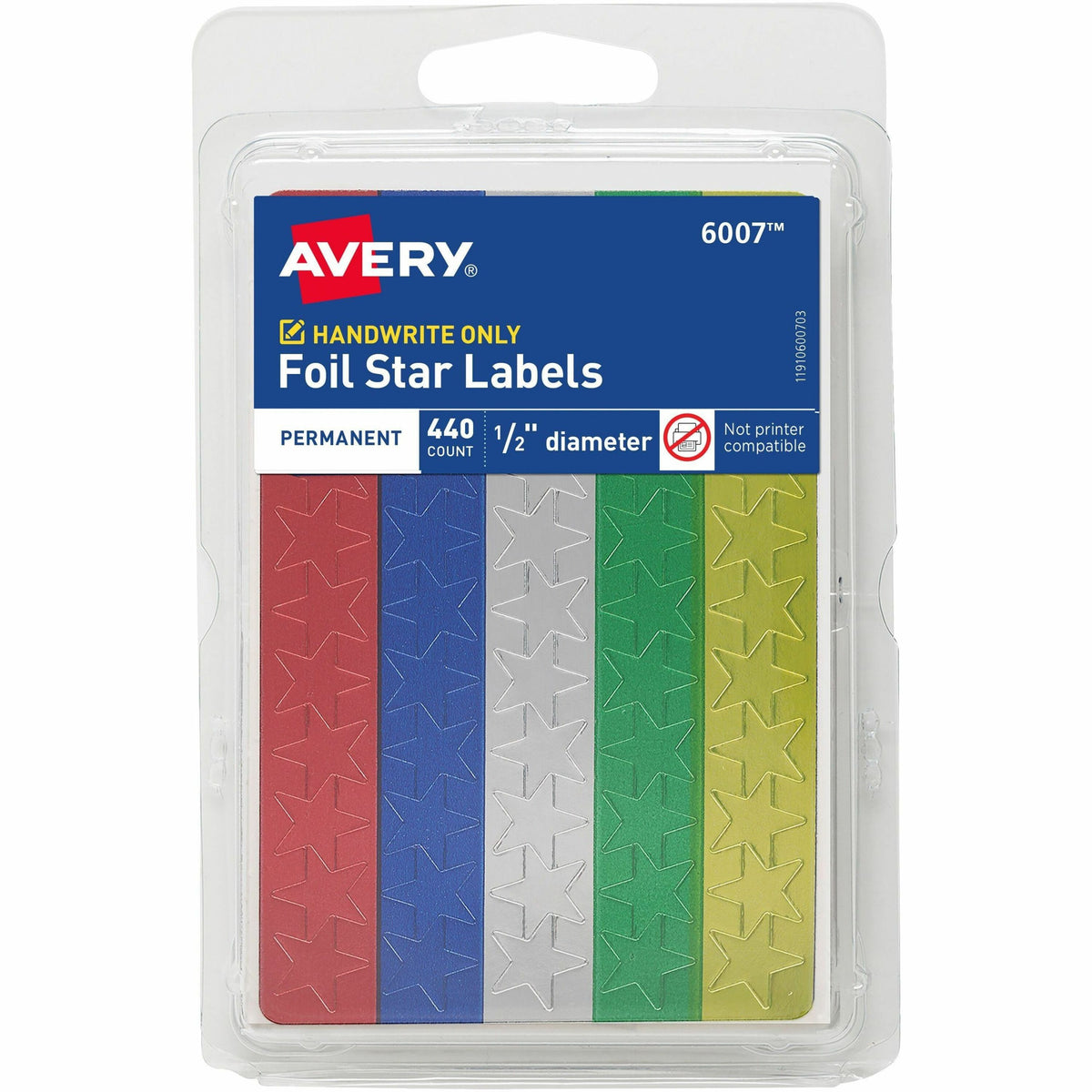 Avery®  Assorted Foil Star Labels - Learning Theme/Subject - Star Shape - Permanent Adhesive - 0.50" Height - Red, Blue, Silver, Green, Gold - Paper - 440 / Pack