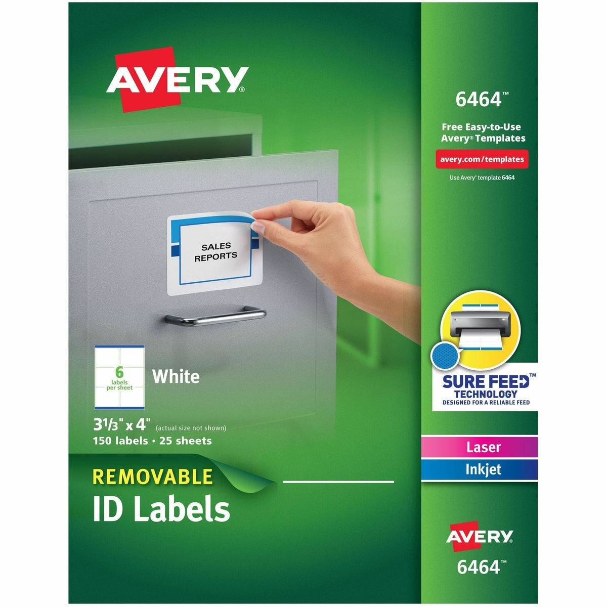Avery®  Removable I.D. Labels - 3 21/64" Width x 4" Length - Removable Adhesive - Rectangle - Inkjet, Laser - White - Paper - Jam Resistant, PVC-free, Removable - 6 / Sheet - 25 Total Sheets - 150 Total Label(s) - 150 / Pack
