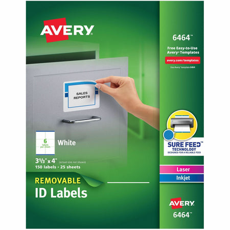 Avery®  Removable I.D. Labels - 3 21/64" Width x 4" Length - Removable Adhesive - Rectangle - Inkjet, Laser - White - Paper - Jam Resistant, PVC-free, Removable - 6 / Sheet - 25 Total Sheets - 150 Total Label(s) - 150 / Pack