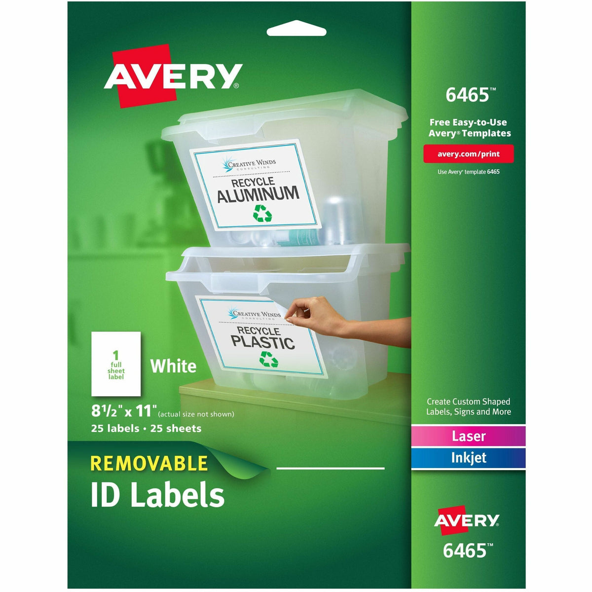 Avery®  ID Label - 8 1/2" Width x 11" Length - Removable Adhesive - Rectangle - Inkjet, Laser - White - Paper - PVC-free, Removable, Stick & Stay - 1 / Sheet - 25 Total Sheets - 25 Total Label(s) - 25 / Pack