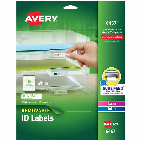 Avery®  Removable I.D. Laser/Inkjet Labels - 1/2" Width x 1 3/4" Length - Removable Adhesive - Rectangle - Inkjet, Laser - White - Paper - Jam Resistant, PVC-free, Removable - 80 / Sheet - 25 Total Sheets - 2000 Total Label(s) - 2000 / Pack