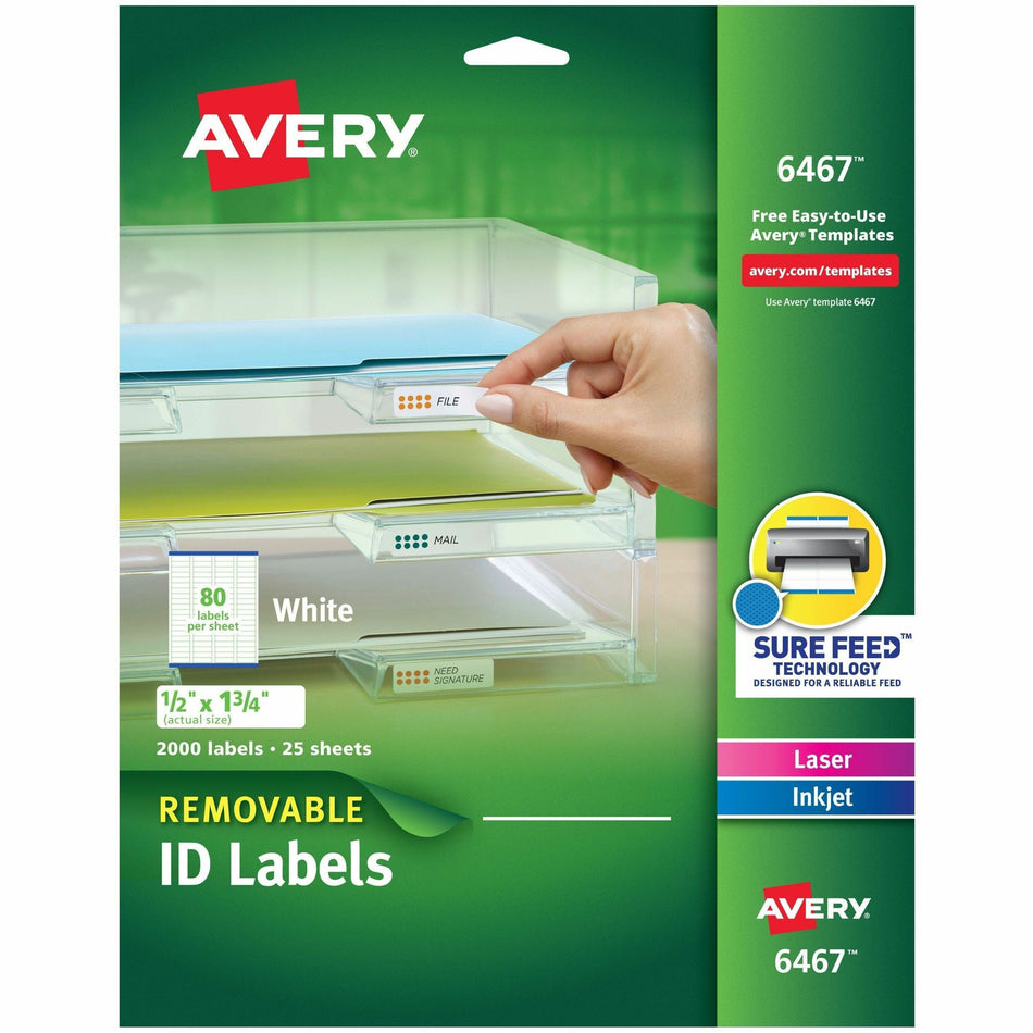 Avery®  Removable I.D. Laser/Inkjet Labels - 1/2" Width x 1 3/4" Length - Removable Adhesive - Rectangle - Inkjet, Laser - White - Paper - Jam Resistant, PVC-free, Removable - 80 / Sheet - 25 Total Sheets - 2000 Total Label(s) - 2000 / Pack