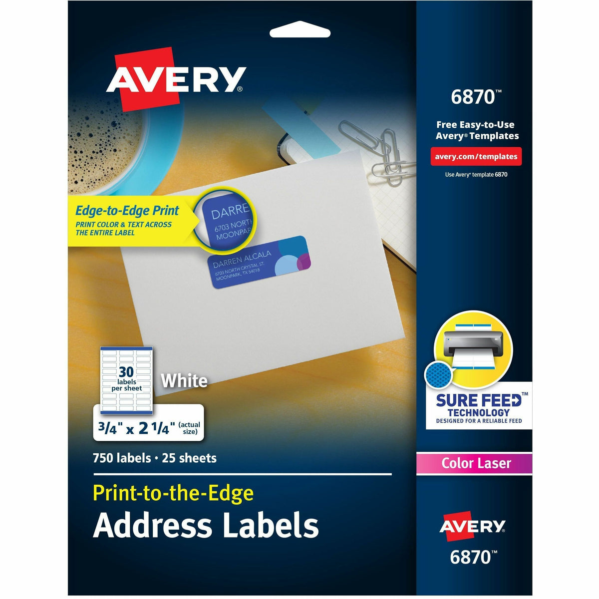 Avery®  Print-to-the-Edge Copier Address Labels - 3/4" Width x 2 1/4" Length - Permanent Adhesive - Rectangle - Inkjet, Laser - White - Paper - 30 / Sheet - 25 Total Sheets - 750 Total Label(s) - 750 / Pack