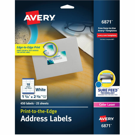 Avery®  Print-to-the-Edge Shipping Labels - 1 1/4" Width x 2 3/8" Length - Permanent Adhesive - Rectangle - Inkjet, Laser - White - Paper - 18 / Sheet - 25 Total Sheets - 450 Total Label(s) - 450 / Pack