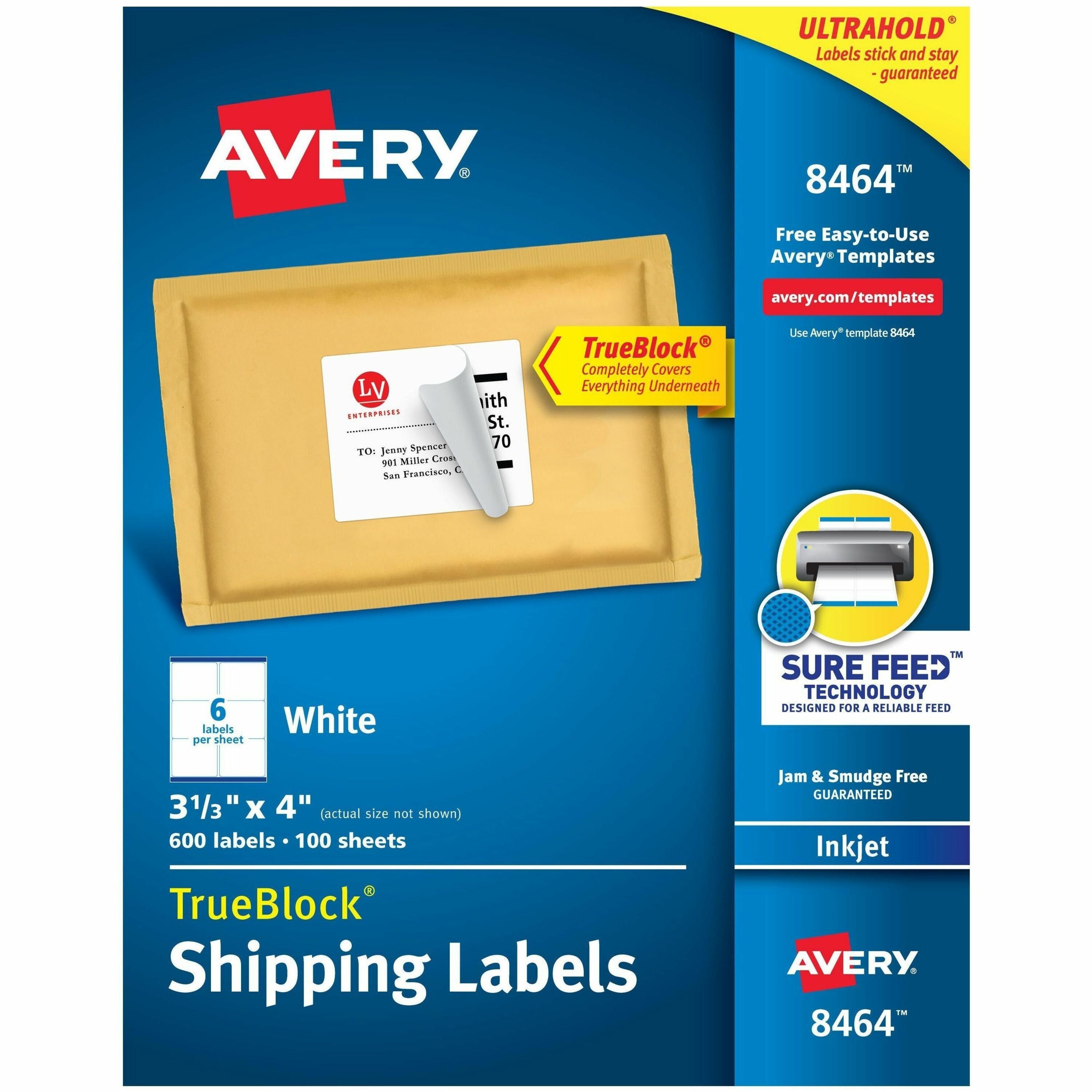 Avery®  TrueBlock Shipping Labels - 3 21/64" Width x 4" Length - Permanent Adhesive - Rectangle - Inkjet - Matte - White - Paper - Permanent Adhesive, Jam Resistant, Customizable - 6 / Sheet - 100 Total Sheets - 600 Total Label(s) - 600 / Box