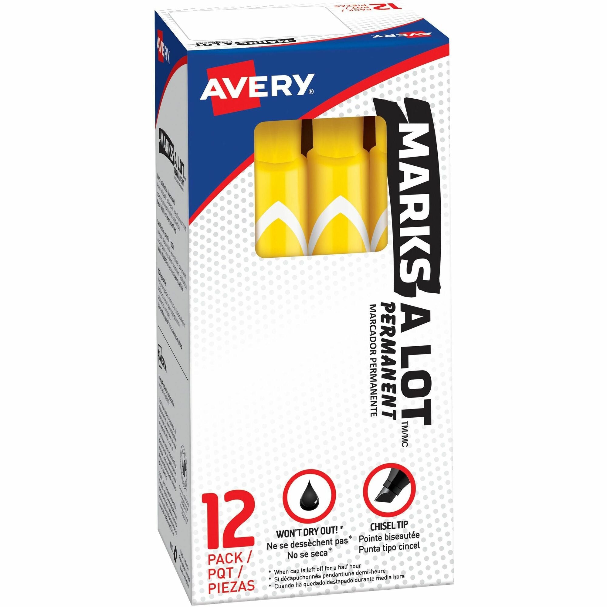 Avery®Marks A Lot Large Desk-Style Permanent Markers - 4.7625 mm Chisel Marker Point - Yellow Ink - Plastic Barrel - 1 Dozen