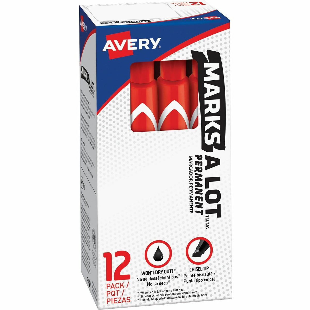 Avery®Marks A Lot Large Desk-Style Permanent Markers - 4.7625 mm Chisel Marker Point - Red Ink - Red Plastic Barrel - 1 Dozen