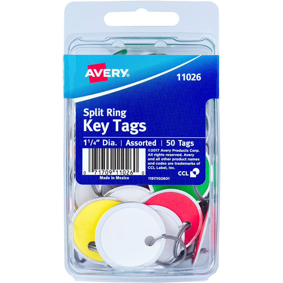 Avery® 1-1/4" Key Tags, Split Ring, Assorted Colors, 50 Tags (11026) - Round - Metal, Card Stock - Assorted - 50 / Pack
