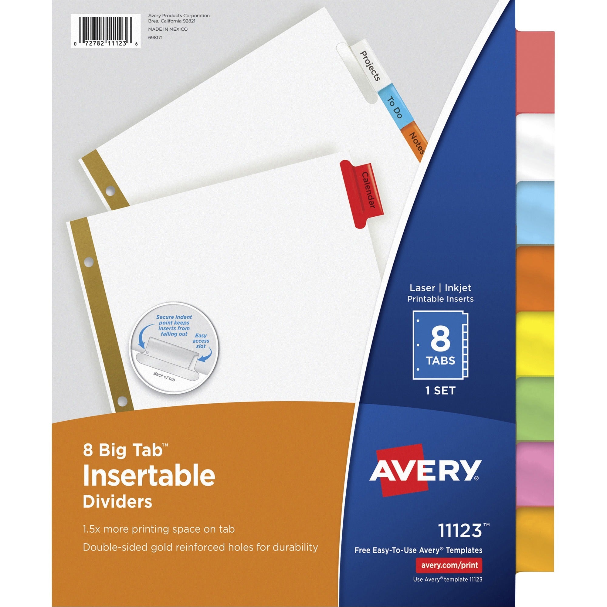 Avery® Big Tab Insertable Dividers - Reinforced Gold Edge - 8 Blank Tab(s) - 8 Tab(s)/Set - 8.5" Divider Width x 11" Divider Length - Letter - 3 Hole Punched - Paper Divider - Multicolor Tab(s) - 20% Recycled - Double Gold Reinforced Edges - 8 / Set