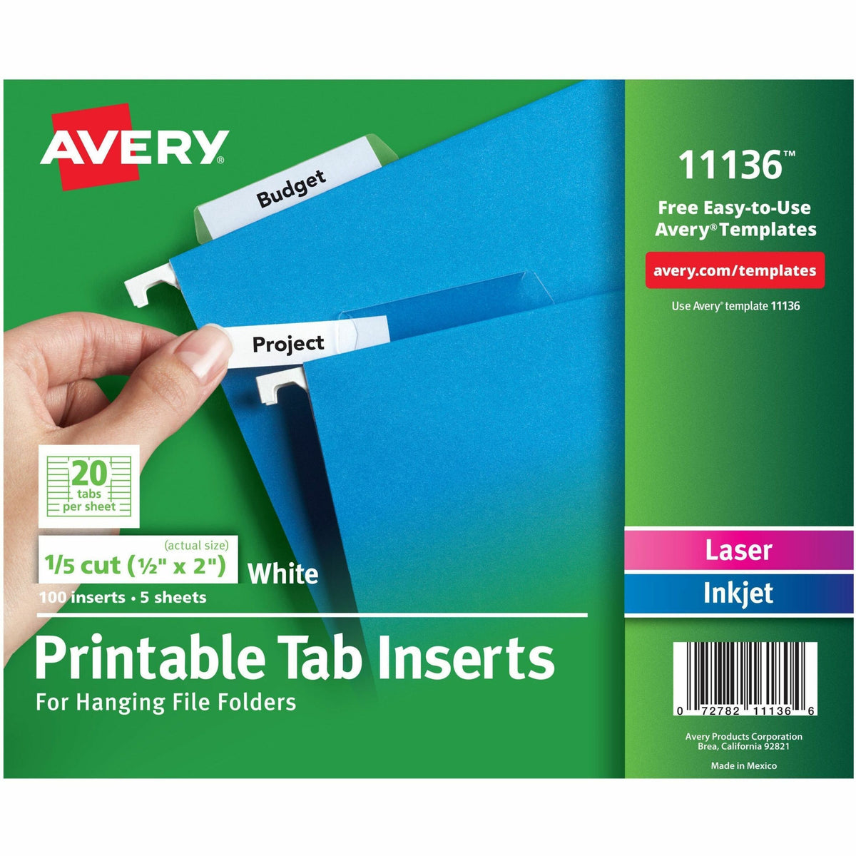 Avery®  Printable Tab Inserts for Hanging File Folders - 100 Print-on Tab(s) - 5 Tab(s)/Set - 2" Tab Width - Paper Divider - White Paper Tab(s) - 20% - 100 / Pack