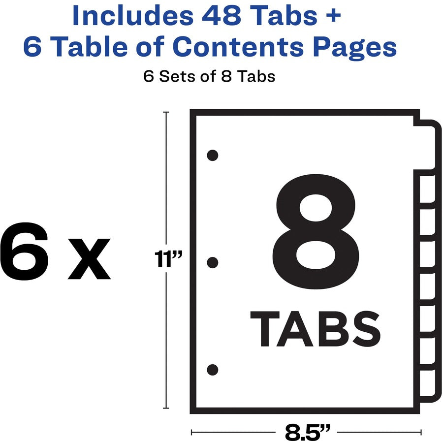 Avery® Ready Index Custom TOC Binder Dividers - 48 x Divider(s) - 1-8 - 8 Tab(s)/Set - 8.5" Divider Width x 11" Divider Length - 3 Hole Punched - White Paper Divider - Multicolor Paper Tab(s) - 20% Recycled - 6 / Pack