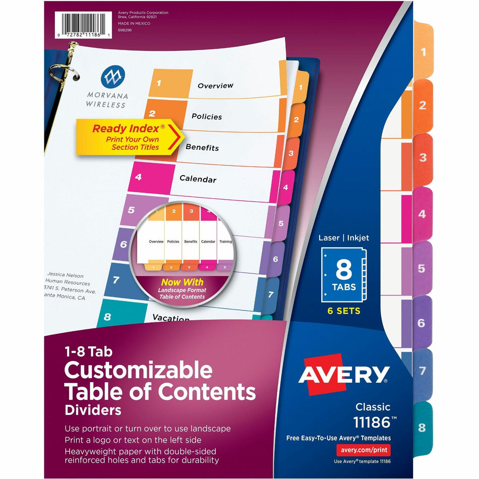 Avery® Ready Index Custom TOC Binder Dividers - 48 x Divider(s) - 1-8 - 8 Tab(s)/Set - 8.5" Divider Width x 11" Divider Length - 3 Hole Punched - White Paper Divider - Multicolor Paper Tab(s) - 20% Recycled - 6 / Pack