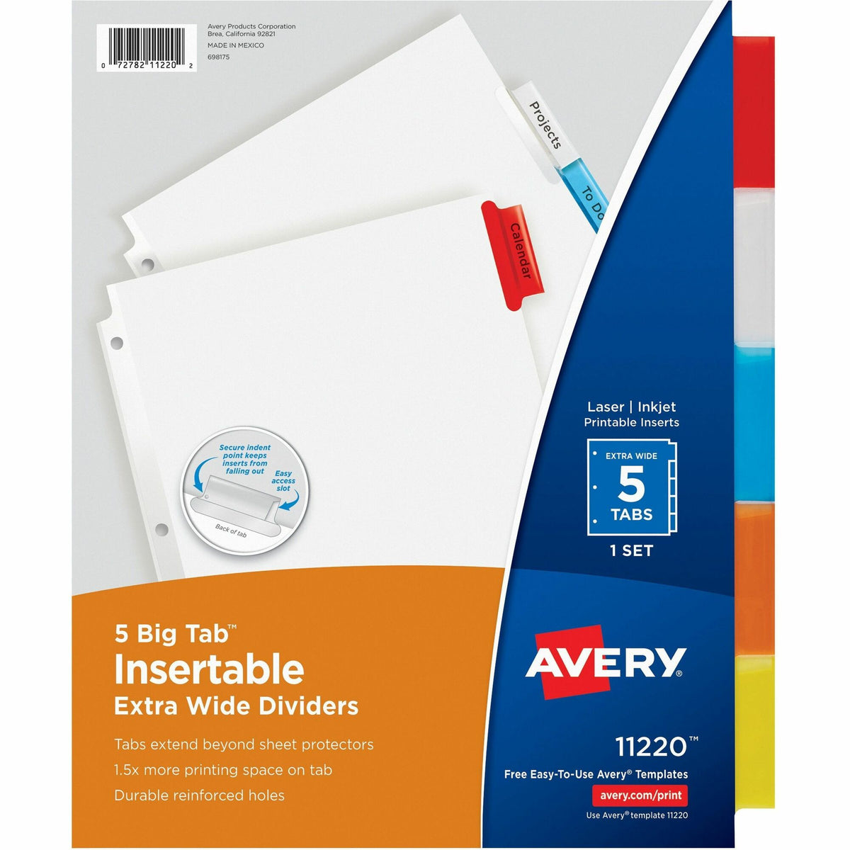 Avery® Big Tab Extra-Wide Insertable Dividers - 5 Blank Tab(s) - 5 Tab(s)/Set - 9" Divider Width x 11" Divider Length - 3 Hole Punched - White Paper Divider - Multicolor Tab(s) - 20% Recycled - Reinforced Edges - 5 / Set