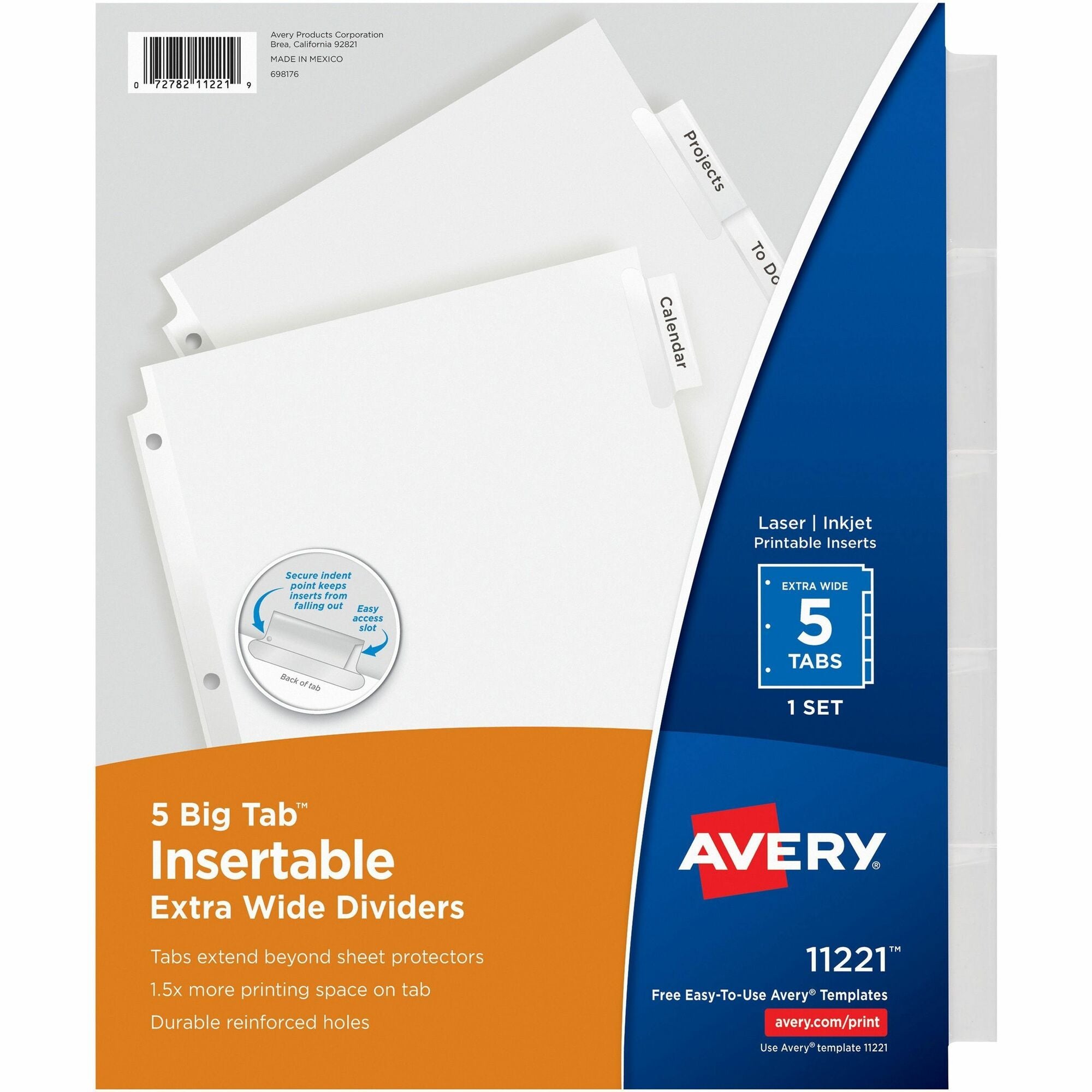 Avery® Big Tab Extra-Wide Insertable Dividers - 5 Blank Tab(s) - 5 Tab(s)/Set - 9" Divider Width x 11" Divider Length - 3 Hole Punched - Paper Divider - Clear Tab(s) - 20% Recycled - Reinforced Edges - 5 / Set