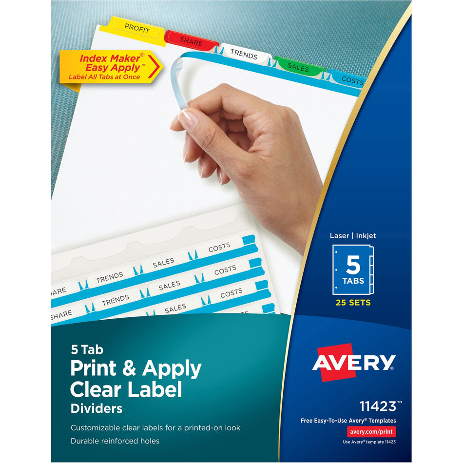 Avery® Index Maker Index Divider - 125 x Divider(s) - 5 - 5 Tab(s)/Set - 8.5" Divider Width x 11" Divider Length - 3 Hole Punched - White Paper Divider - Multicolor Paper Tab(s) - 25 / Box