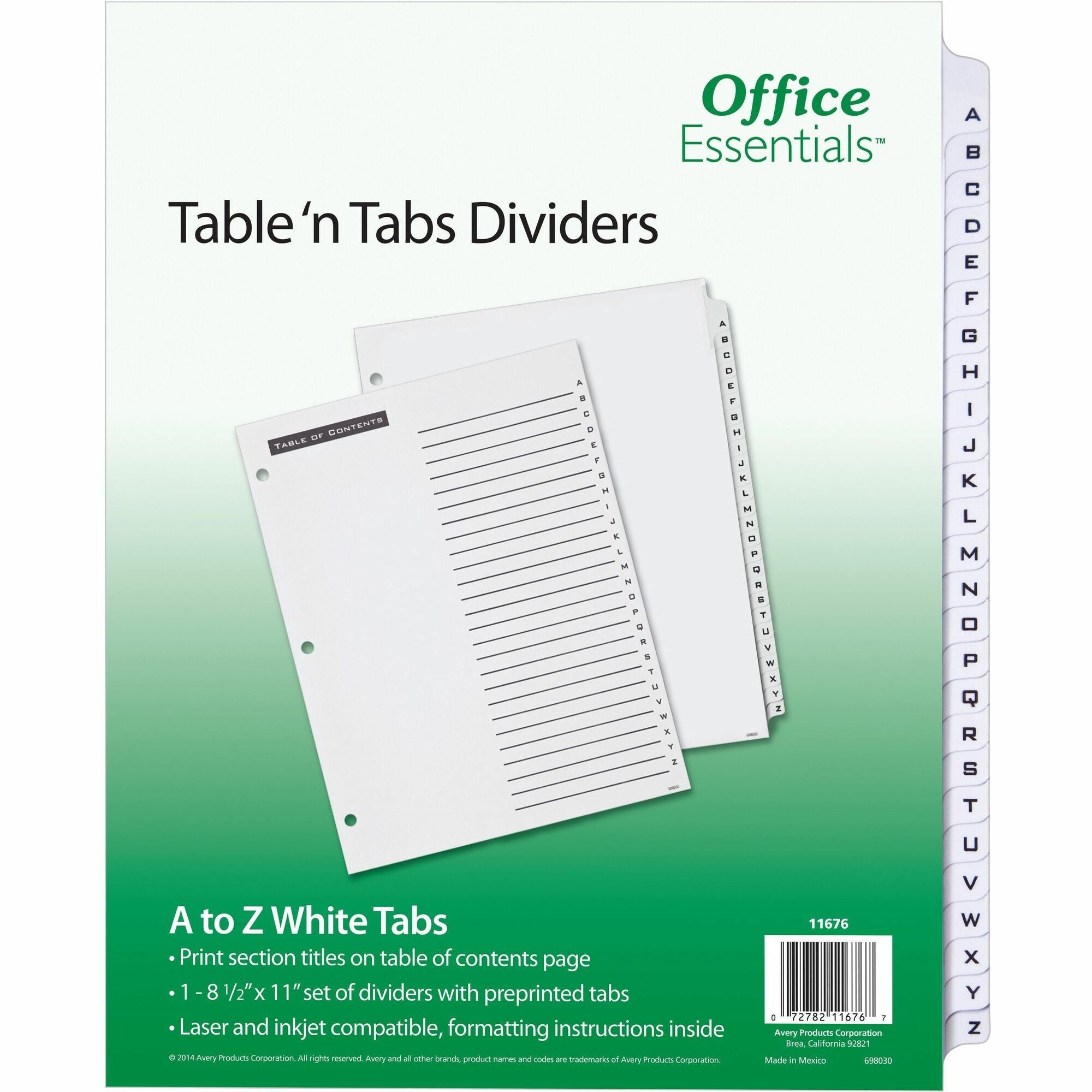 Avery® A-Z Table 'N Tabs Dividers - 26 x Divider(s) - A-Z - 26 Tab(s)/Set - 8.5" Divider Width x 11" Divider Length - 3 Hole Punched - White Paper Divider - Black Paper, White Tab(s) - 26 / Set