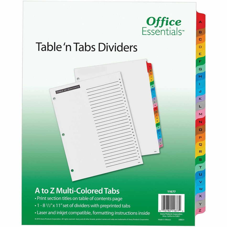 Avery® A-Z Table 'N Tabs Dividers - 26 x Divider(s) - A-Z, Table of Contents - 26 Tab(s)/Set - 8.5" Divider Width x 11" Divider Length - 3 Hole Punched - White Paper Divider - Multicolor Paper Tab(s) - 26 / Set