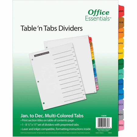 Avery® Table 'N Tab Monthly Divider Set - 12 x Divider(s) - Jan-Dec - 12 Tab(s)/Set - 8.5" Divider Width x 11" Divider Length - 3 Hole Punched - White Paper Divider - Multicolor Paper Tab(s) - 12 / Set
