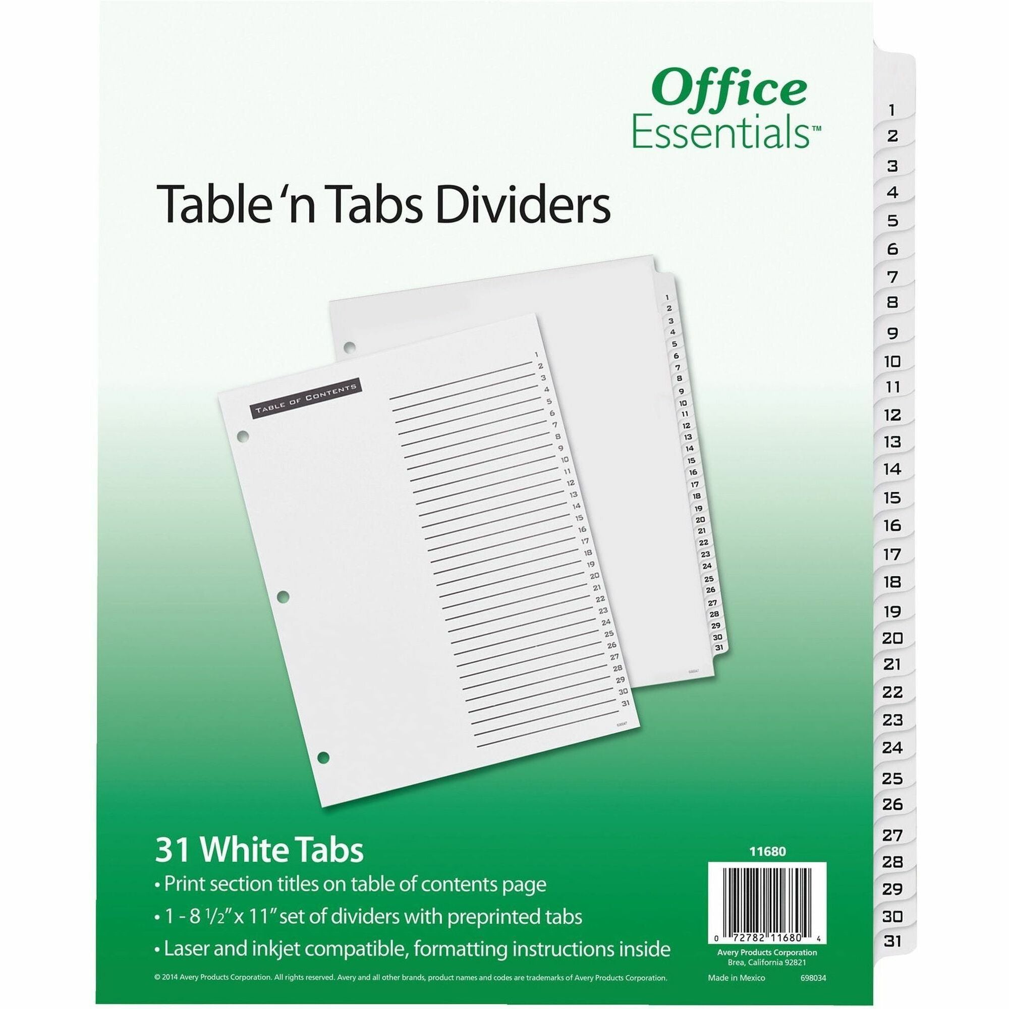 Avery® Table 'N Tabs Daily Dividers - 31 x Divider(s) - 1-31 - 31 Tab(s)/Set - 8.5" Divider Width x 11" Divider Length - 3 Hole Punched - White Paper Divider - Black Paper, White Tab(s) - 31 / Set