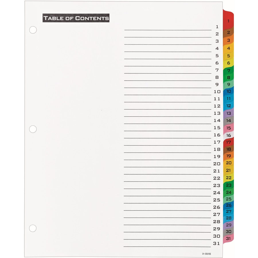 Avery® Table 'N Tabs Daily Dividers - 31 x Divider(s) - 1-31 - 31 Tab(s)/Set - 8.5" Divider Width x 11" Divider Length - 3 Hole Punched - White Paper Divider - Multicolor Paper Tab(s) - 31 / Set