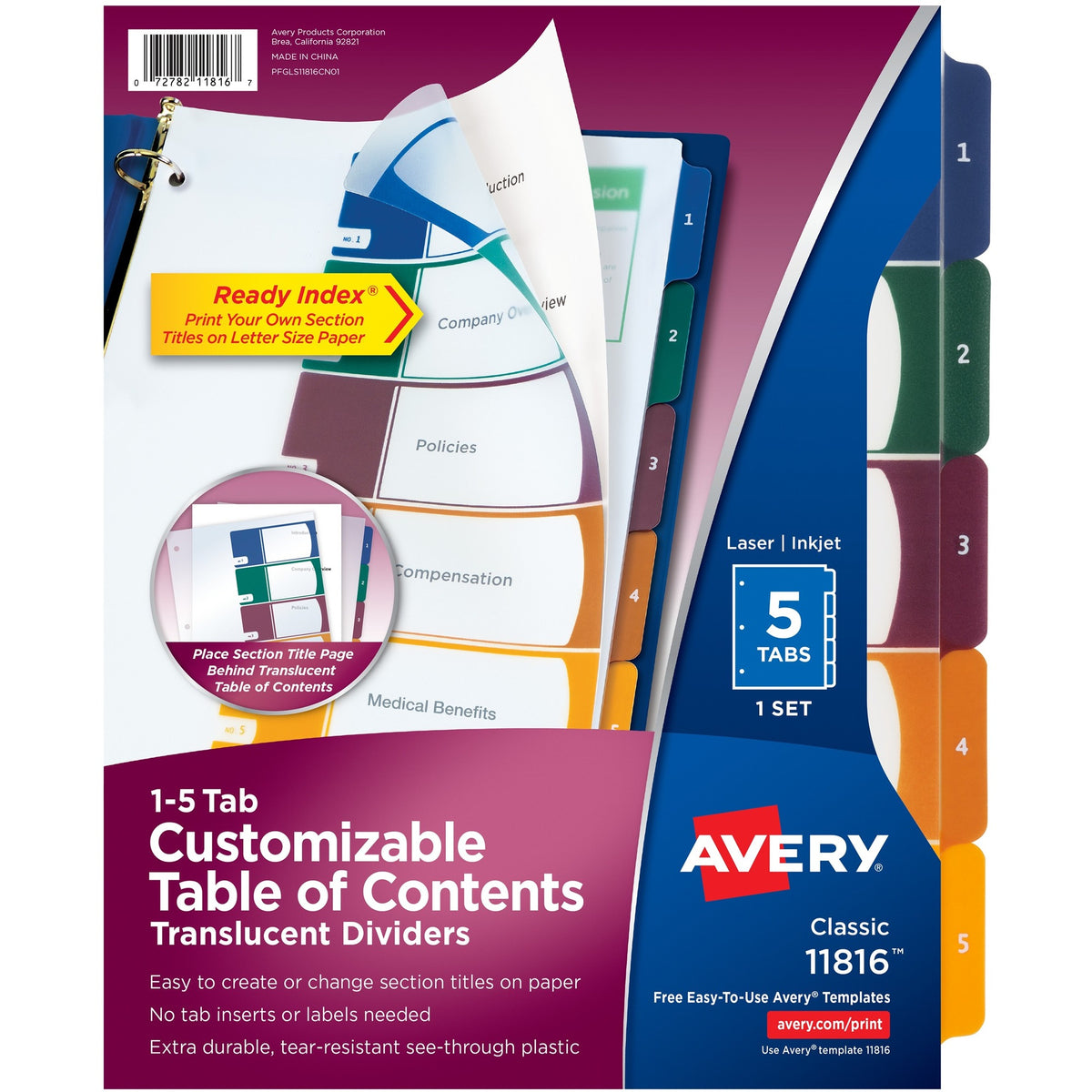 Avery® Ready Index Customizable TOC Binder Dividers - 5 x Divider(s) - 1-5 - 5 Tab(s)/Set - 8.5" Divider Width x 11" Divider Length - 3 Hole Punched - Clear Plastic Divider - Multicolor Plastic Tab(s) - 5 / Set