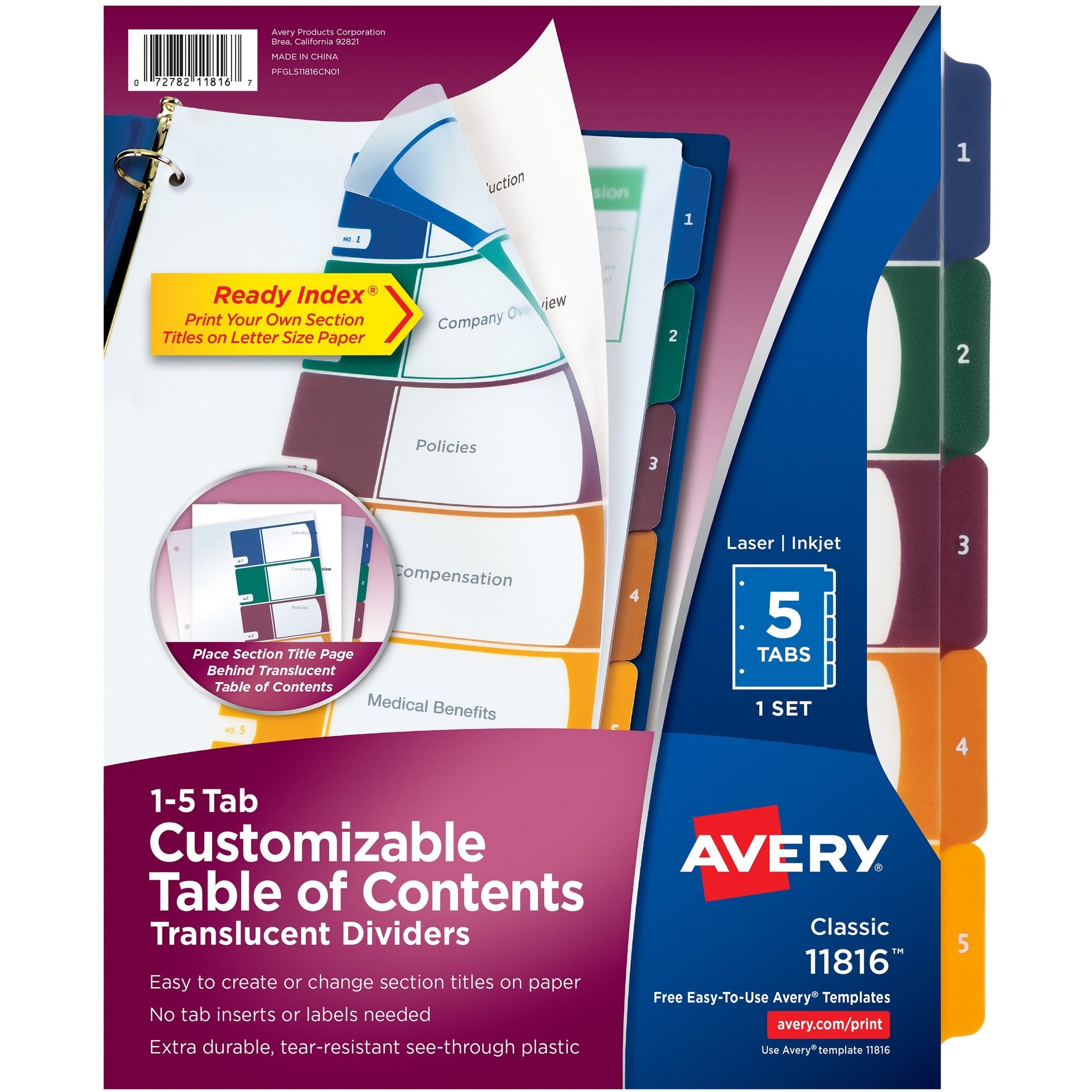 Avery® Ready Index Customizable TOC Binder Dividers - 5 x Divider(s) - 1-5 - 5 Tab(s)/Set - 8.5" Divider Width x 11" Divider Length - 3 Hole Punched - Clear Plastic Divider - Multicolor Plastic Tab(s) - 5 / Set